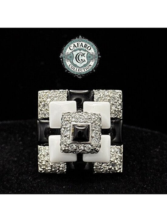 NONE Jewelry - Art Deco Sterling Silver Black & White Enamel Geometric Statement Ring Size 8